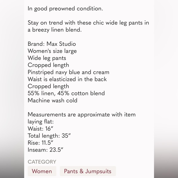 MAX STUDIO Wide Leg Cropped Pants Linen Blend Striped Navy Blue Cream - Picture 9 of 9